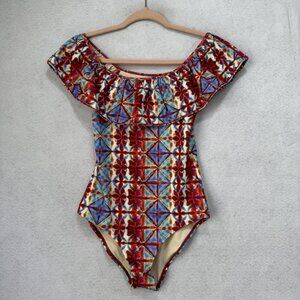 Marie Oliver Swimsuit Womens XS Multicolor One Piece Off Shoulder Ruffle Print